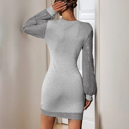 Autumn New Party Dress Sexy Sequin Long Sleeved Patchwork Solid Color Slim Fit Hip Hugging Knitted Frock Dresses  Woman