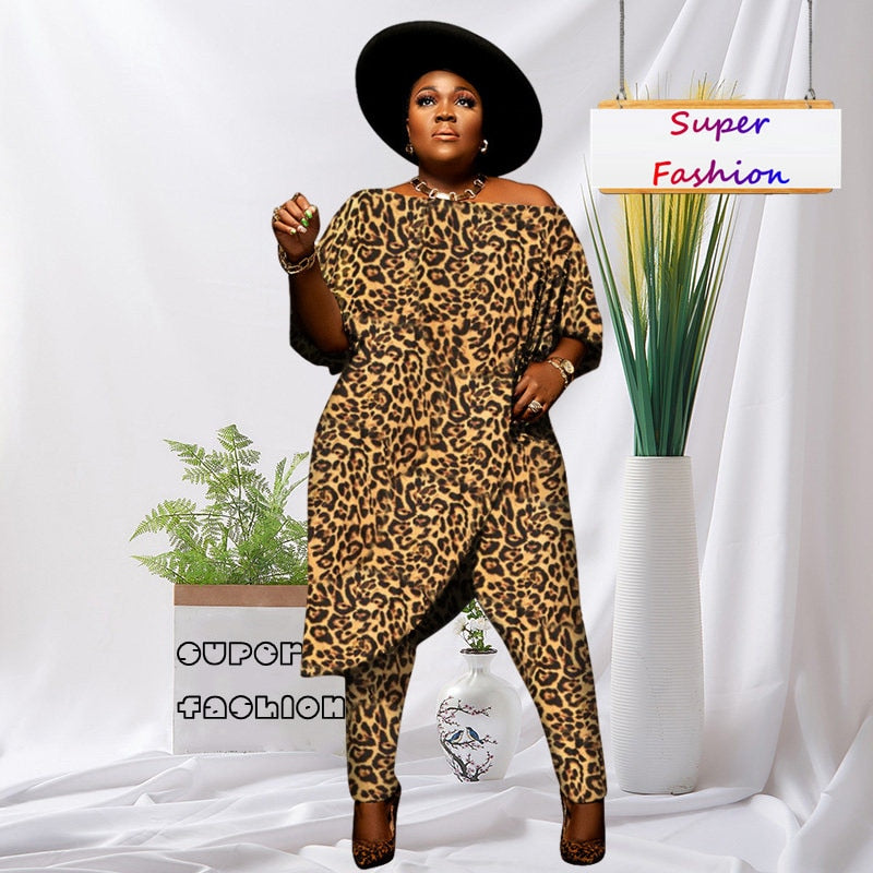 L-4XL 2022 Fall Plus Size Women Clothing Fashion Leopard Printing Short Sleeve Casual Two Piece Pant Sets dropshipping wholesale