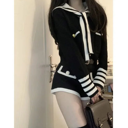 Sweet Sailor Collar Long Sleeve Knitted Cardigan Tops+ High Waist Slim Fit Shorts for Women  Autum New Two Piece Sets