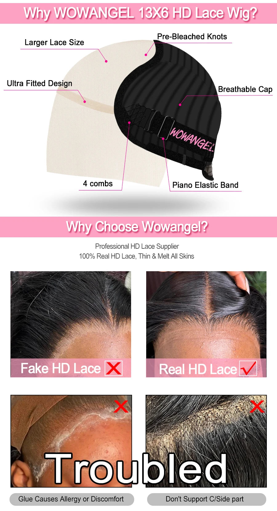 WowAngel 250% Verbesserte 13x6 HD Lace Full Frontal Wigs Glueless Glatte Echthaarperücken Vorgezupfte Natürliche Kopfhaut Brasilianisches Haar