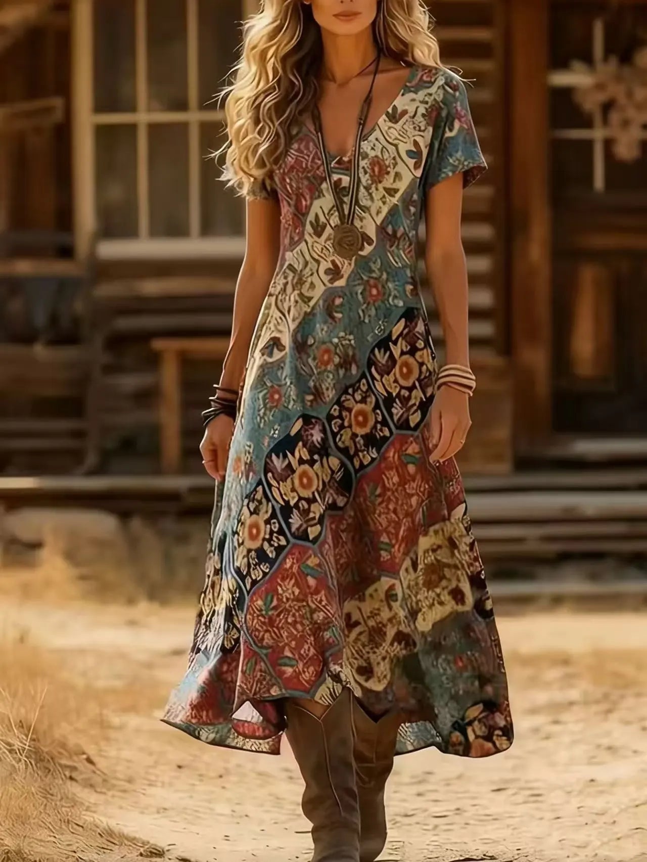 Plus Size Summer New Arrival Retro Ethnic Tie-Dye Dress V-Neck Short Sleeve Loose Boho Vacation Maxi Skirt