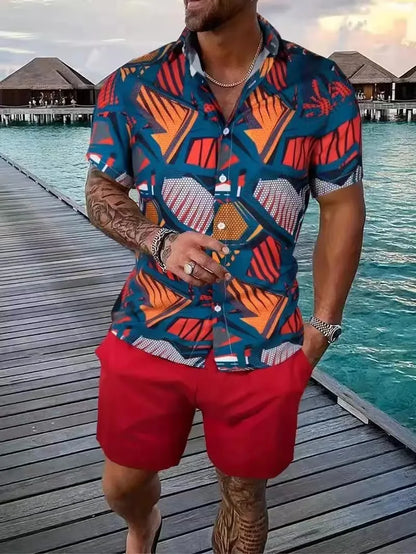Comfortable Coconut trees leaves color blocking 3D Print shirt +Shorts Two Piece Set Short Sleeve Flip collar shirts half pants