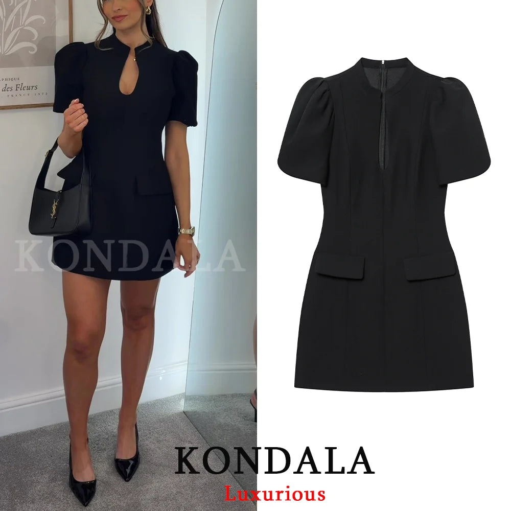 KONDALA Elegant Holiday Chic Women Mini Dress Black O-Neck Zipper Short Puff Sleeve Dress Fashion 2026 Spring Summer Party Dress