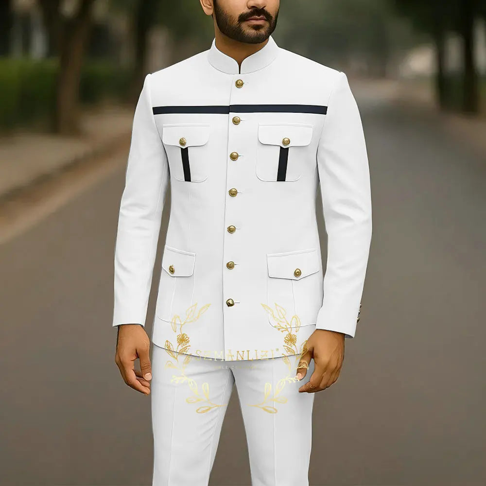 Affrica Style Stand Collar White Single Breasted Jacket Pants Business Men Suit Elegant Groom Wedding Suits Male Party Dress