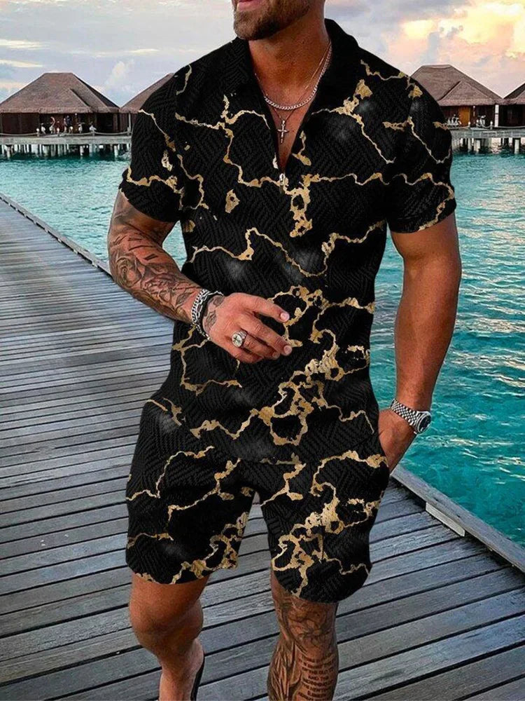 Summer New Trend Men's Tracksuit Casual Zipper Collar 3d Print Polo Shirt Suit 2 Pcs Set Colorful Streetwear Clothing Oversize