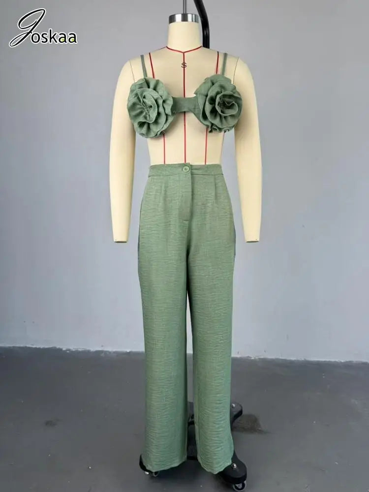 Joskaa Elegant 2 Piece Sets Women Sexy 3D Flower Crop Camisole and Straight Leg Pants Matching  Summer Vacation Streetwear