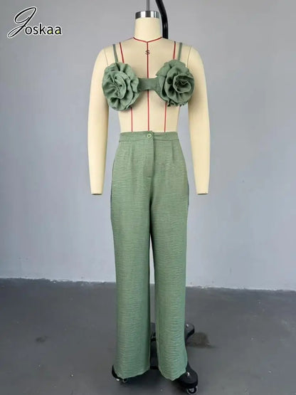 Joskaa Elegant 2 Piece Sets Women Sexy 3D Flower Crop Camisole and Straight Leg Pants Matching  Summer Vacation Streetwear