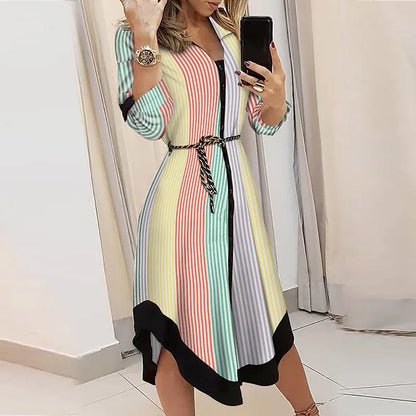 Women's Autumn New Fashion and Elegant Commuter Print V-neck Lace up Long Sleeve Slim Fit Mid length Dress