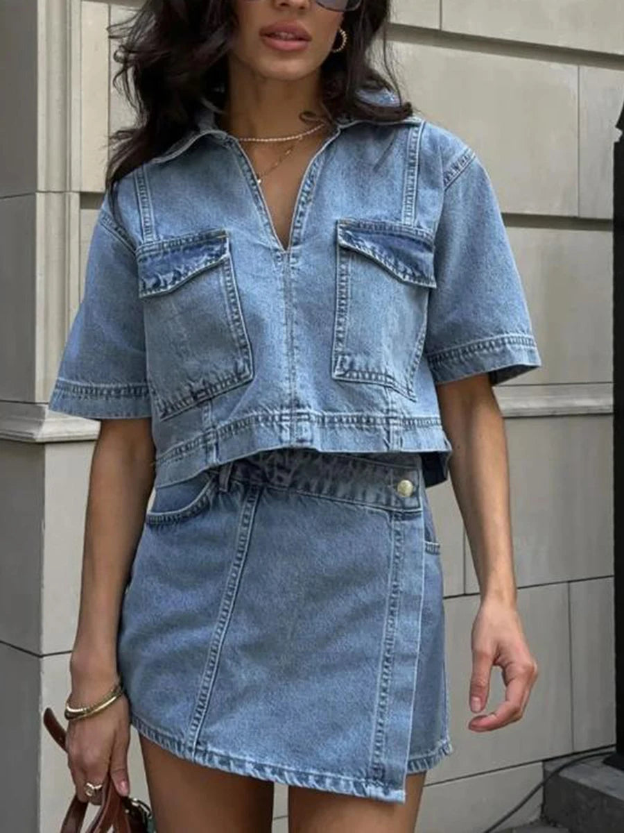Women’s 2 Piece Denim Outfits Summer Short Sleeve Lapel Jean Pullover Tops and Asymmetrical Shorts Set for Streetwear Grunge Y2K