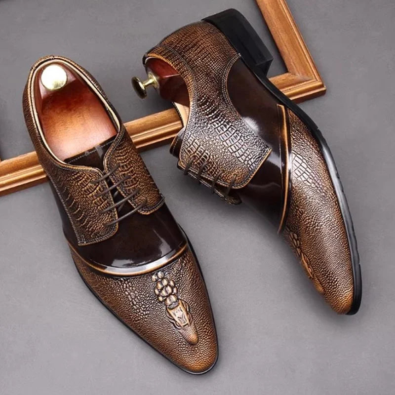 Elegante Herren-Lederschuhe, spitze Zehenpartie, Schnürung, Krokodilmusterprägung, Echtleder, formelle Schuhe, Hochzeitsschuhe, Gesellschaftsschuhe