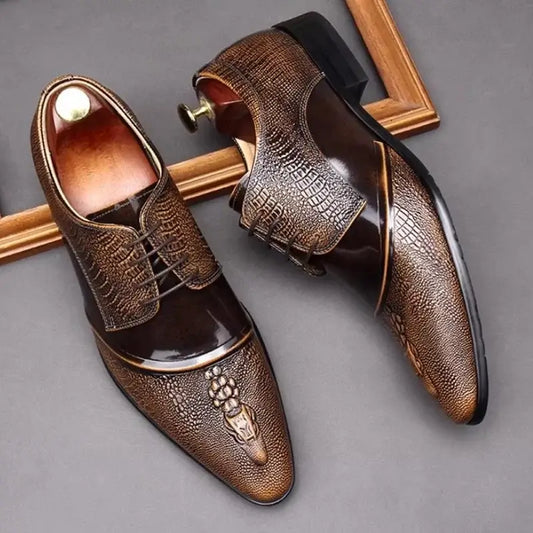 Elegante Herren-Lederschuhe, spitze Zehenpartie, Schnürung, Krokodilmusterprägung, Echtleder, formelle Schuhe, Hochzeitsschuhe, Gesellschaftsschuhe