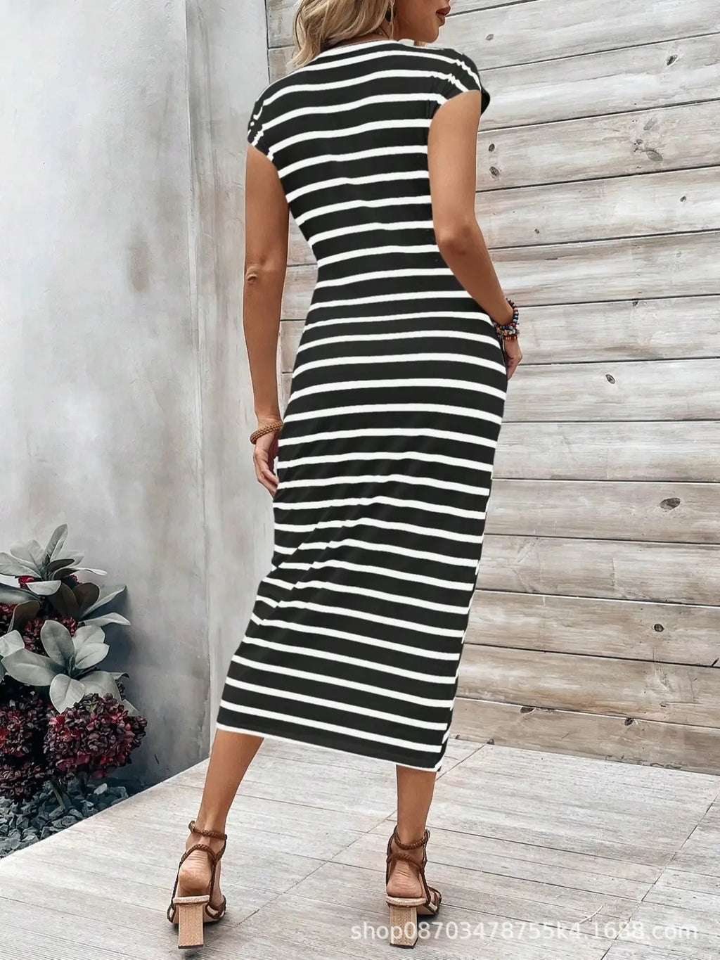 Elegant And Elegant Waist Lace Up Striped Round Neck Short Sleeve Long Dress Summer Party Bodycon Women's Dresses