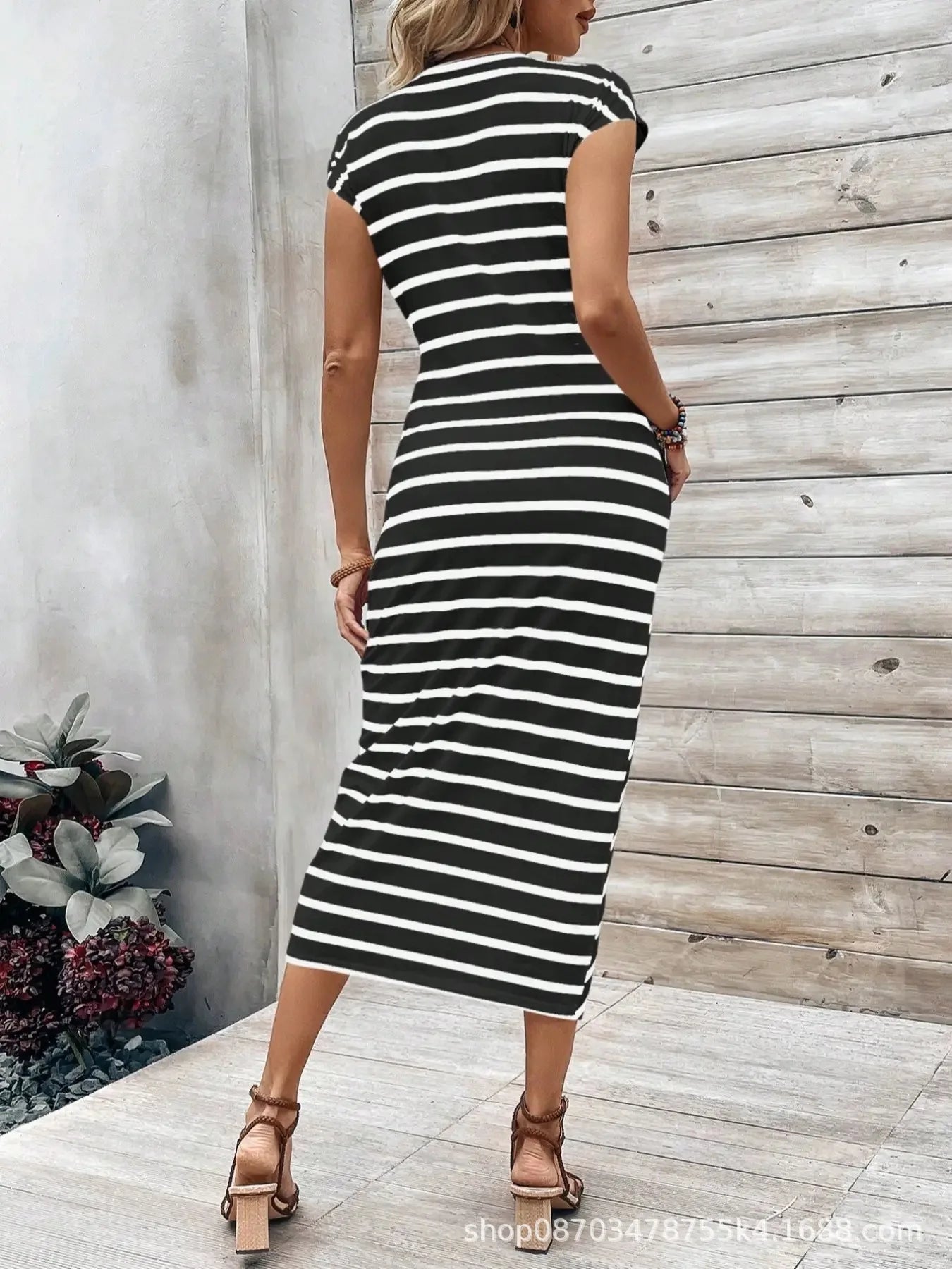 Elegant And Elegant Waist Lace Up Striped Round Neck Short Sleeve Long Dress Summer Party Bodycon Women's Dresses
