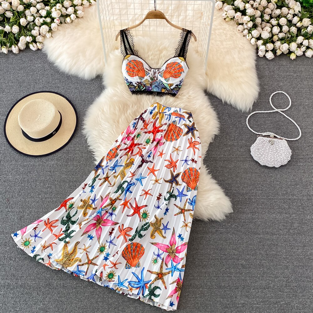 Gold 2023 Summer Fashion Designs Skirts Sets Women Outfits Indie Folk Print Sexy Two Pieces Lace Cropped Top Pleated Skirt Suit