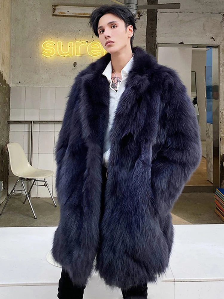 Winter Men Lapel Faux Fox Fur Coat Jacket Thick Long Sleeve Warm Luxury Fur Black Parkas Bontjas Mens Furry Shaggy Outerwear