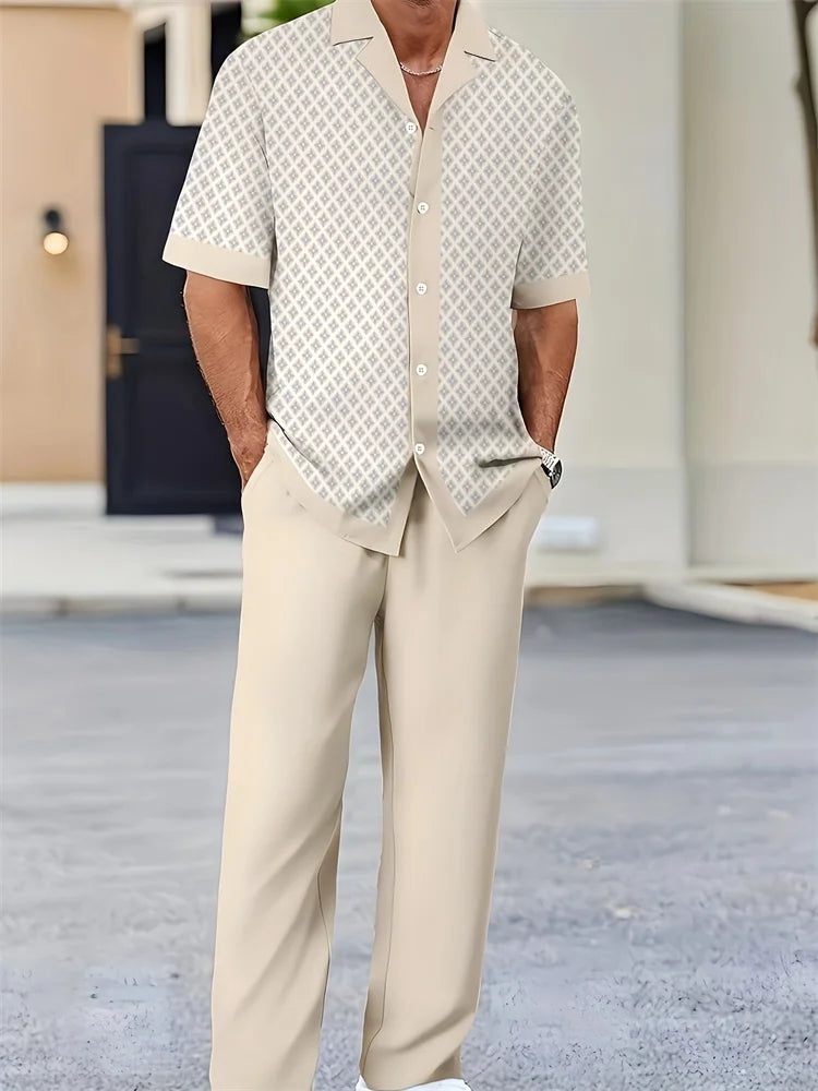 2025 Autumn Geometric Color Block Printed Short-sleeved Set, 2pcs Daily Casual And Loose Men's Shirt Set, Casual And Fashionable