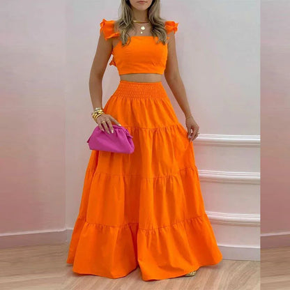 Women Two Piece Set Solid Beach Bohemian Long Skirt Strapless Crop Top Cascanding Ruffles Long Skirt Suit Outfits