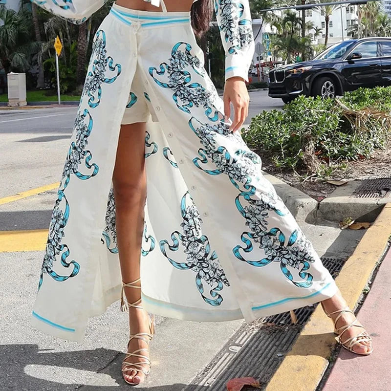 Wefads Two Piece Set Summer Women Casual Lapel Long Sleeve Printed Single Breasted Button Top Long Skirt Shorts Pants Sets