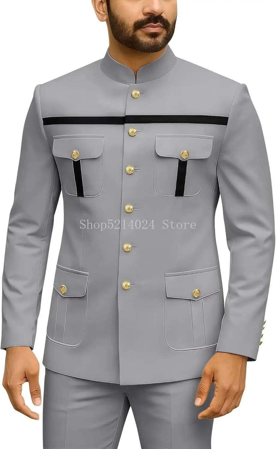 Mens Safari Suit 2 Piece Regular Fit Chinese Suit Stand Collar Gold Button Blazer Pants Set African Outfits