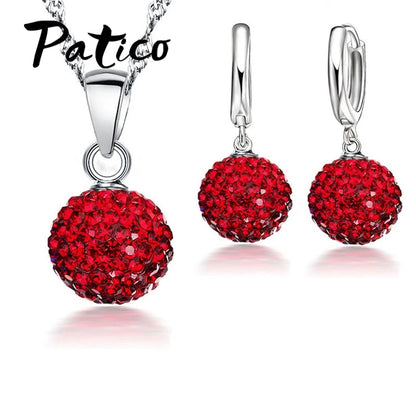 Hot New Jewelry Sets 925 Sterling Silver Austrian Crystal Pave Disco Ball Lever Back Earring Pendant Necklace Woman