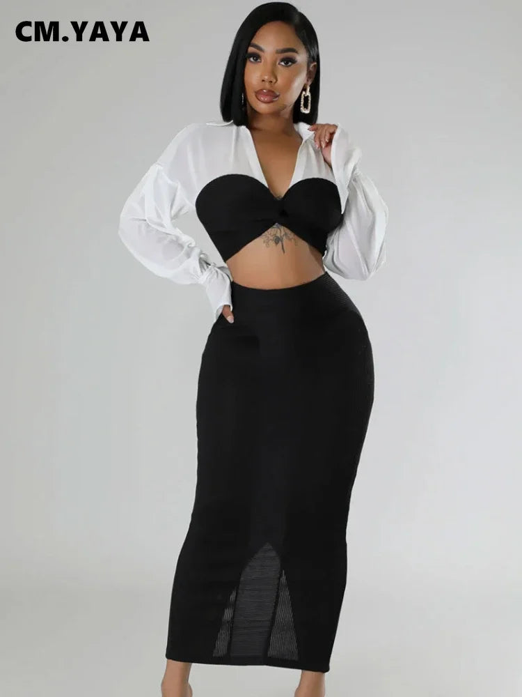 CM.YAYA Womens Two 2 Piece Sets Full Sleeve Shirt and Split Long Skirt Suit  Fall Streetwear Sexy Night Club Party Outfits