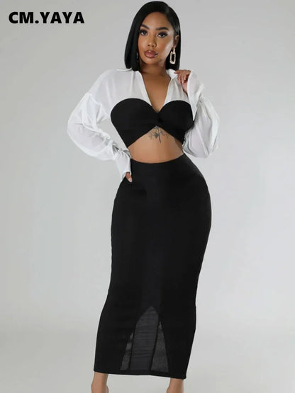 CM.YAYA Womens Two 2 Piece Sets Full Sleeve Shirt and Split Long Skirt Suit  Fall Streetwear Sexy Night Club Party Outfits