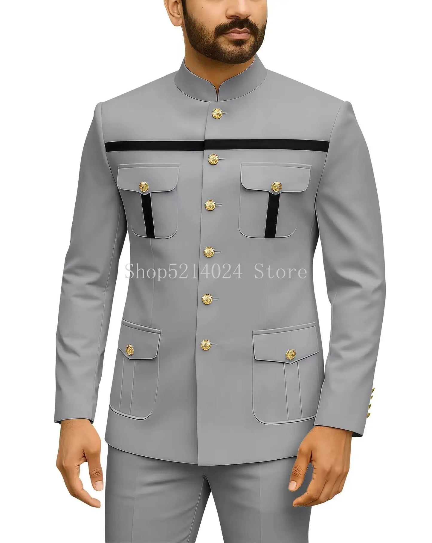 Herren Safari-Anzug 2-teilig Regular Fit Chinakragen Goldknopf Blazer Hose Set Afrikanische Outfits
