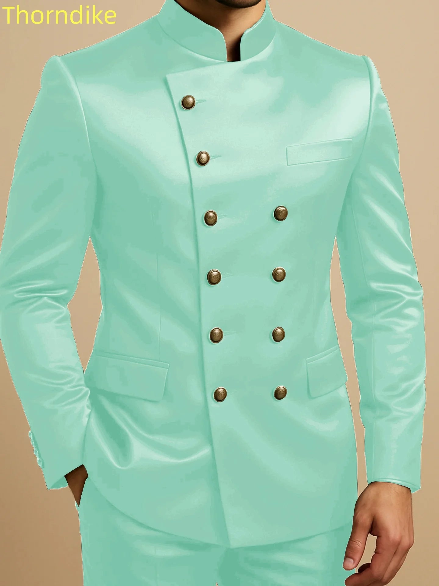 Thorndike Affrica Style Casual Stand Collar Satin Double Breasted Jacket Pants Business Men Suit Elegant Groom Wedding Suits