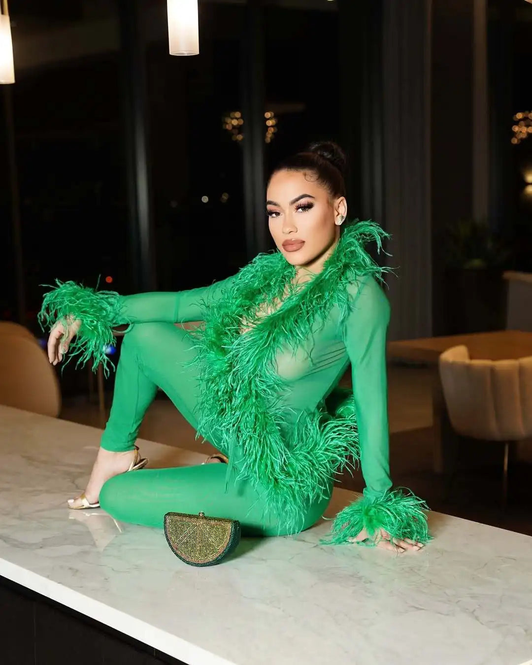 CM.YAYA Fashion Mesh See Though Women's Set Feather Side Long Sleeve Crop Top and Legging Pants  Sexy Two 2Piece Sets Outfit