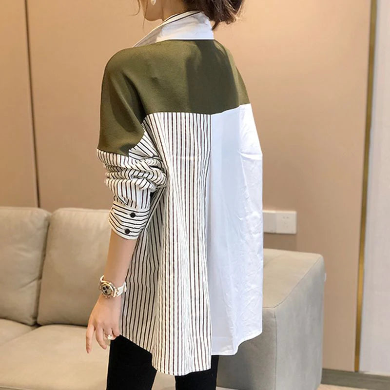 Spring Autumn New Patchwork Y2K Fashion Casual Blouse Women Long Sleeve Loose Stripe Contrast Color Lady Shirt Chic Female Tops