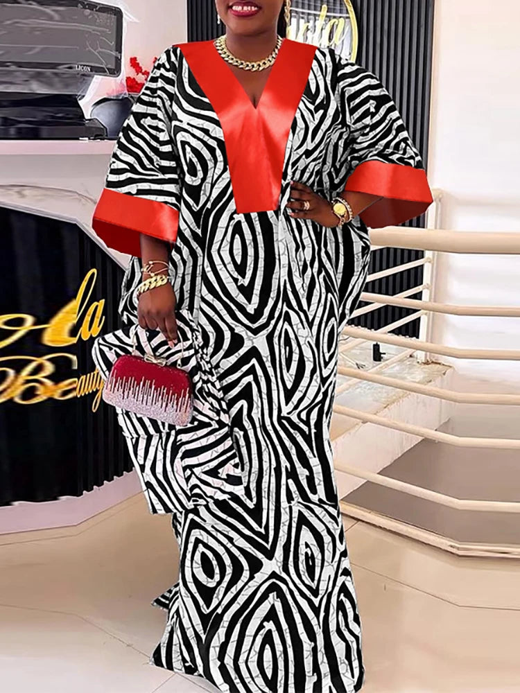 Plus Size 5XL VONDA Vintage Maxi Dresses Women Flare Sleeve Satin Sundress V-Neck Printing Patchwork Long Vestidos Party Robe
