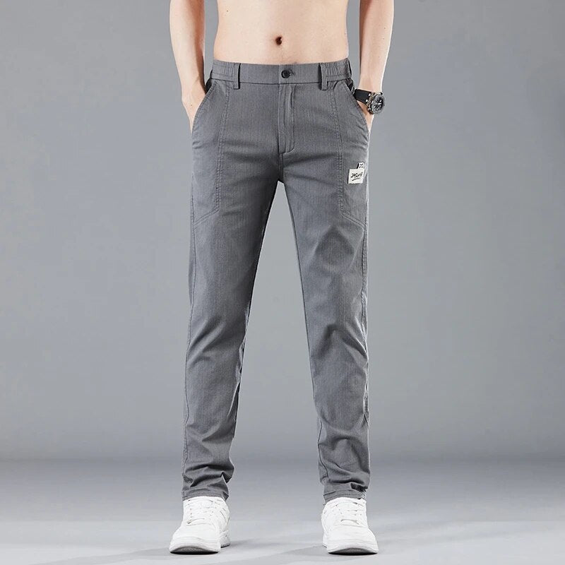 Spring Summer Elastic Waist Design Men&#39;s Thin Casual Pants Korean Fashion Cotton Stretch Business Trousers Male Grey Blue