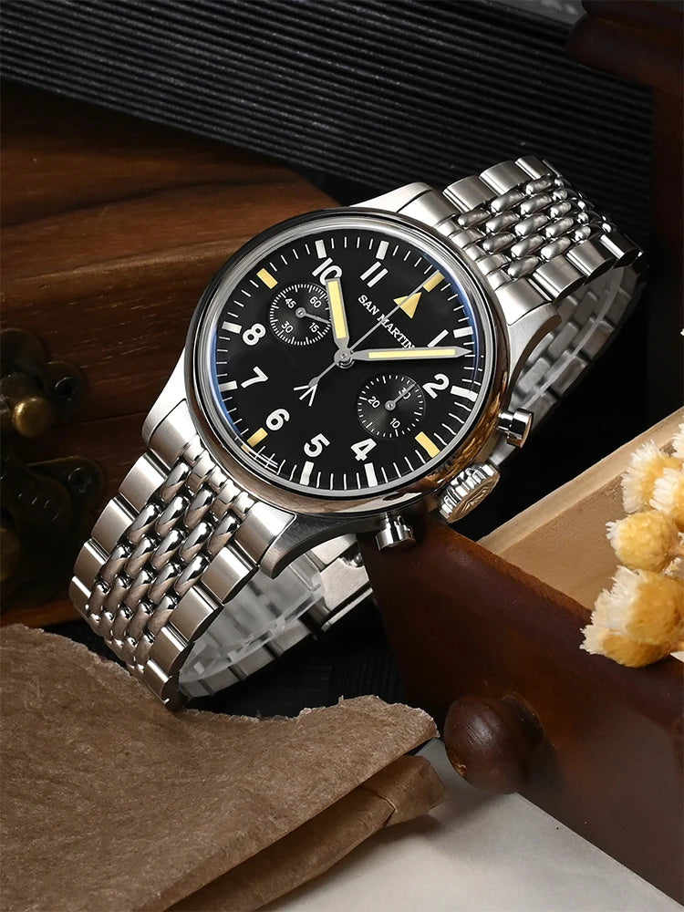 San Martin 38.5mm Mens Chronograph Pilot Watch Luxury ST1901 Manual Mechanical Simple Military Flieger Sapphire 10 ATM Luminous