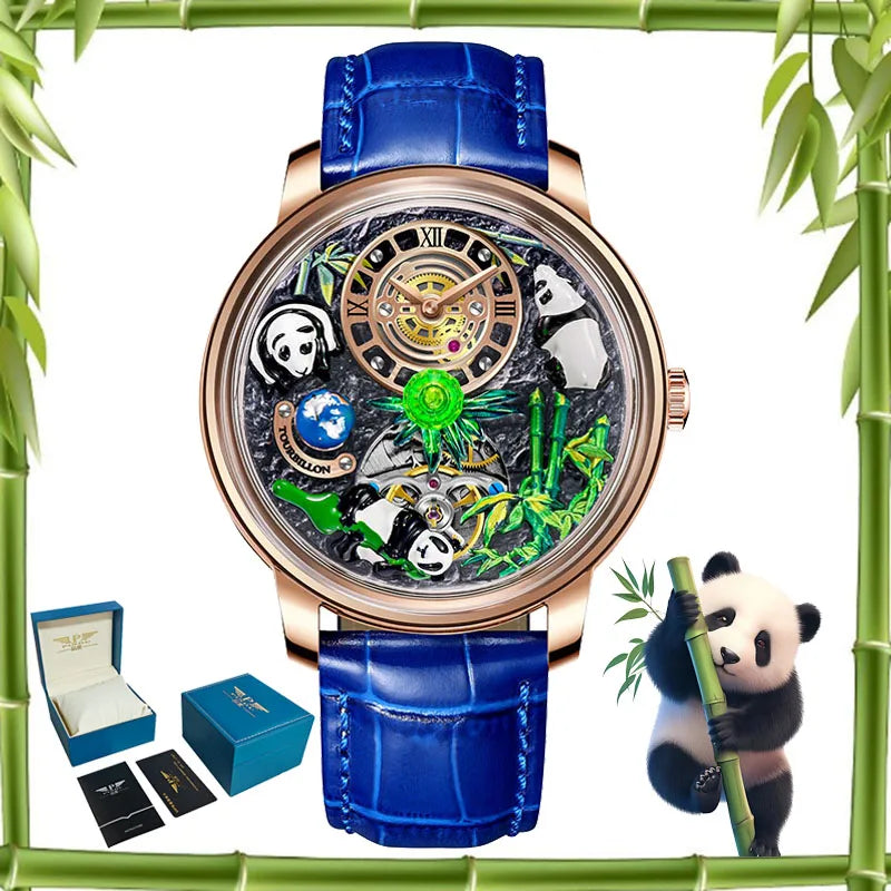 PINDU Dreidimensionale Panda-Zifferblatt-Uhren für Herren High-End Luxus Transparenter Hohlraum Vollautomatische mechanische Armbanduhr