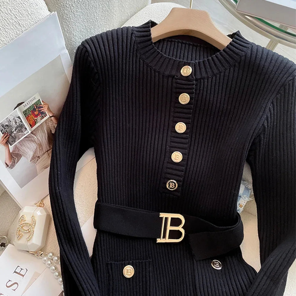 2024 New Autumn Winter Women Knitted Dress Brand Fashion O-neck Buttons Bodycon Sweater Dress with Belt Lady Office Dress