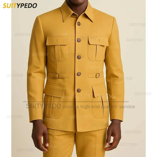 Men's Solid Single-Breasted Blazer and Pants Two-Piece Set