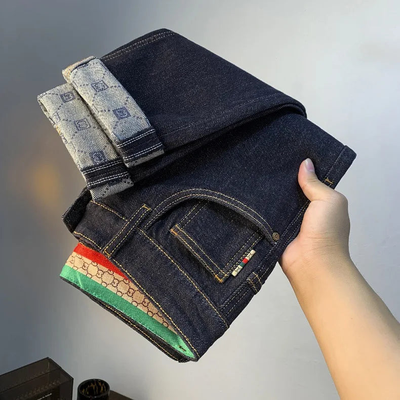 High end light luxury men jeans autumn new item dark blue fashion printed casual straight slim fit cotton washed denim pants