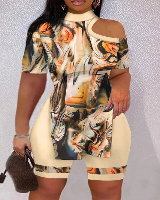 Plus Size Marble Print Cold Shoulder Top & Shorts Set