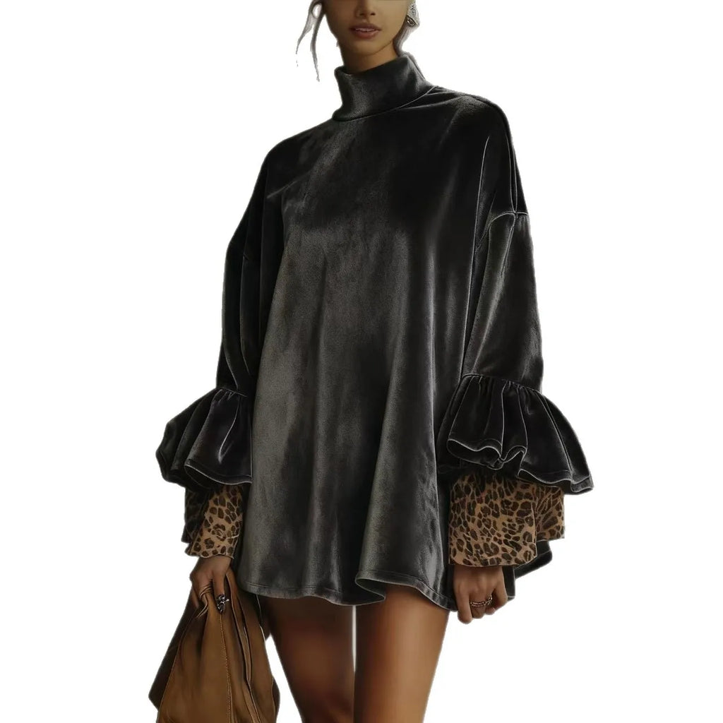 Fashion High Collar Velvet Short Dress Leopard Splicing Long Sleeve Mini Dress Women Elegant Draped Solid Party Dresses 2026