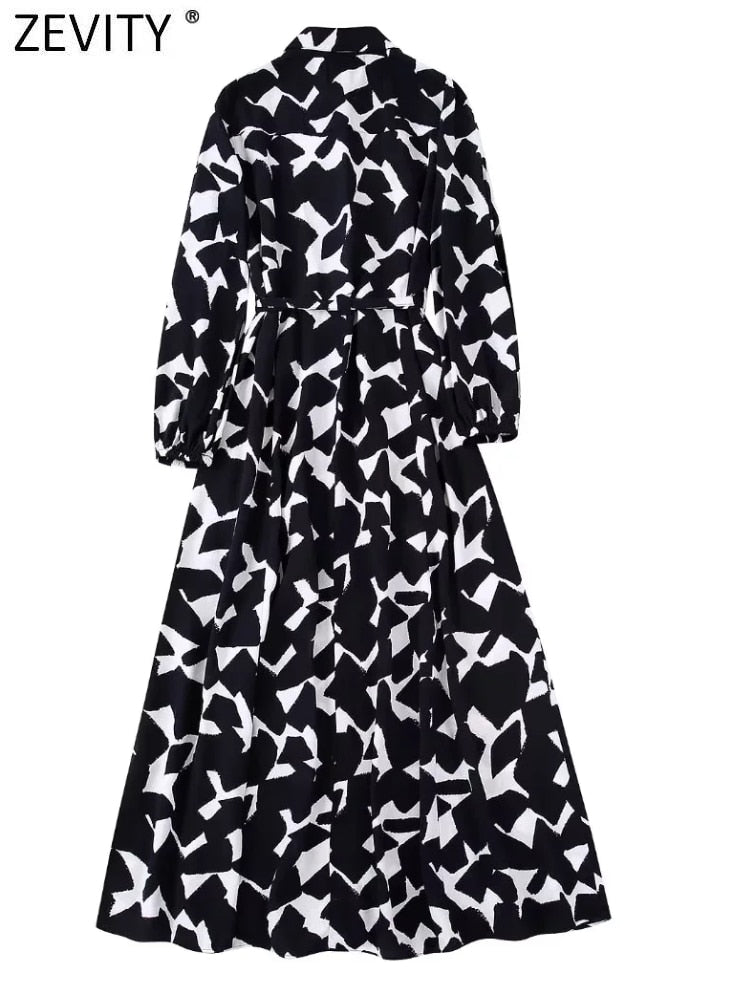 Zevity New Women Vintage Graffiti Print Casual Slim Sashes Midi Shirt Dress Female Chic Long Sleeve Business Vestidos DS2061