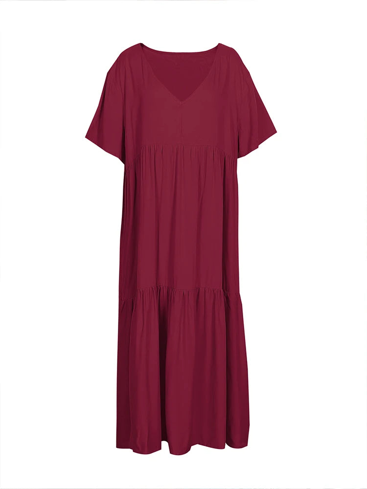 Damen Übergröße Lässiges lockeres V-Ausschnitt Einfarbiges langes Kleid Frühling Sommer Plissee Big Size Damenkleid