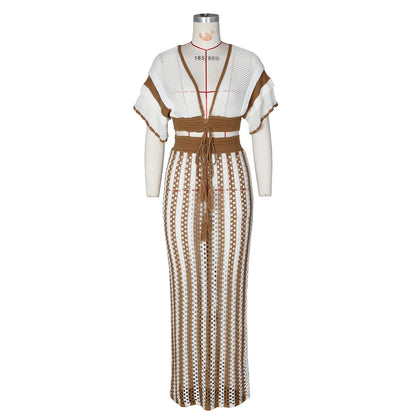 Summer 2 Pieces Women Sets Streetwear Beach Elegant Knitted Sexy V-Neck Hollow Striped Short Sleeve Top Two Piece Maxi Skirt Set