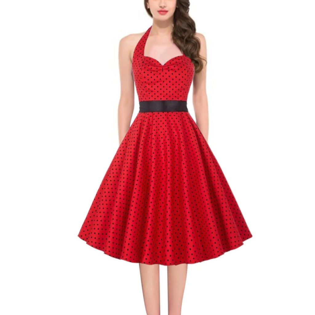 Vintage Polka Dot A-Line Dress Summer Women Sexy Halter Backless Low Cut Party Dress 50s 60s Retro Pin Up Rockabilly Swing Dress