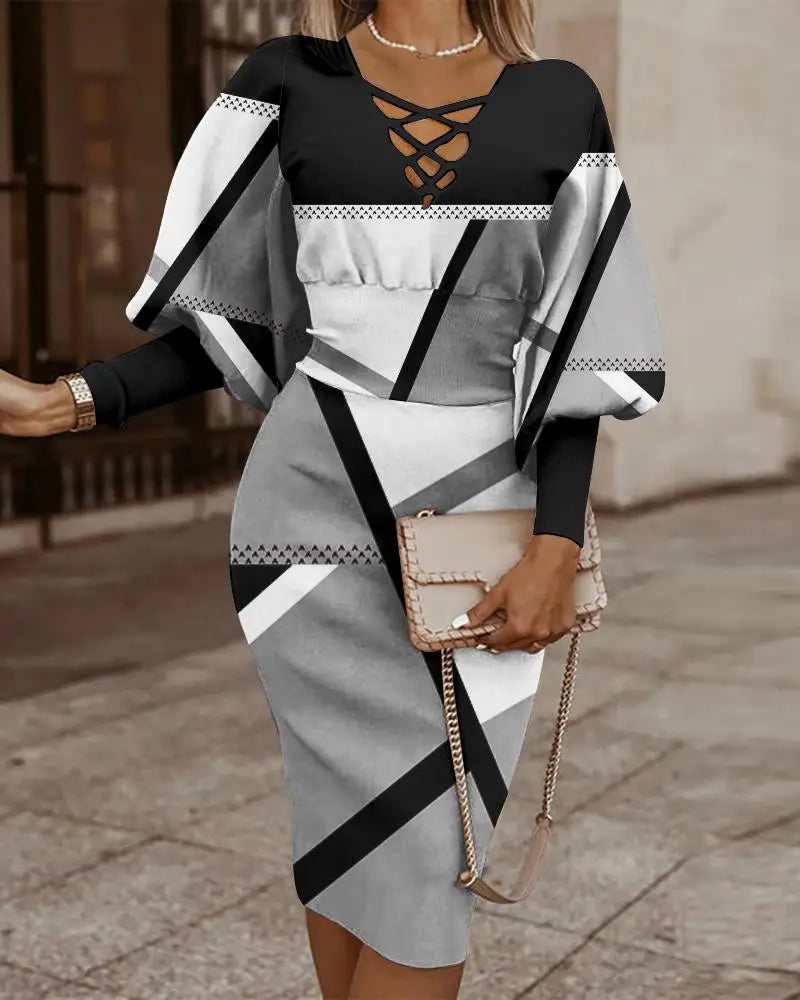 Elegant Long-sleeved V-neck Waist Dress For Women Fashionable Autumn Winter Slim Vintage Printing Hip-covering Dresses Female