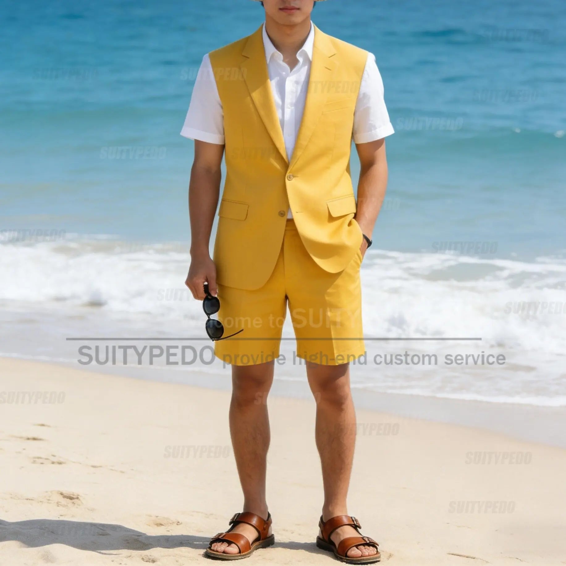 Summer New Design Men Suit Sets 2 Piecs Brief  Sleeveless Blaze And  Shorts Single Breasted Daily Beach Wedding Party Prom Suit