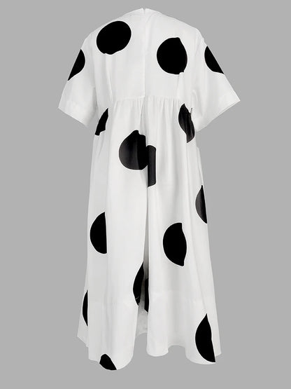 Modigirl Women Midi Shirts Dress  Summer Short Sleeves Black and White Polka Dot Daily Casual Simple Female A-line Dresses
