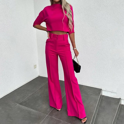 Elegant Office Lady Suits Fashion Solid Color Two Piece Set For Women Casual Crop Top+high Waist Pants Women's Sets  Autumn
