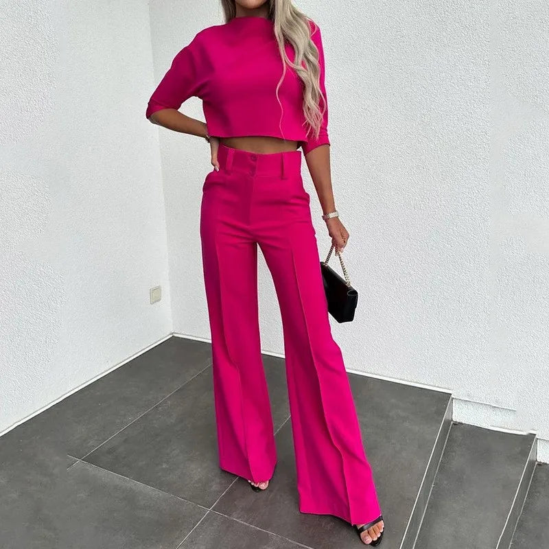 Elegant Office Lady Suits Fashion Solid Color Two Piece Set For Women Casual Crop Top+high Waist Pants Women's Sets  Autumn