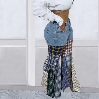 Women Jeans  Summer Fashion Spliced Houndstooth Denim Ruffle Edge Flared High Waist Jeans Pants Female Trousers Streetwear