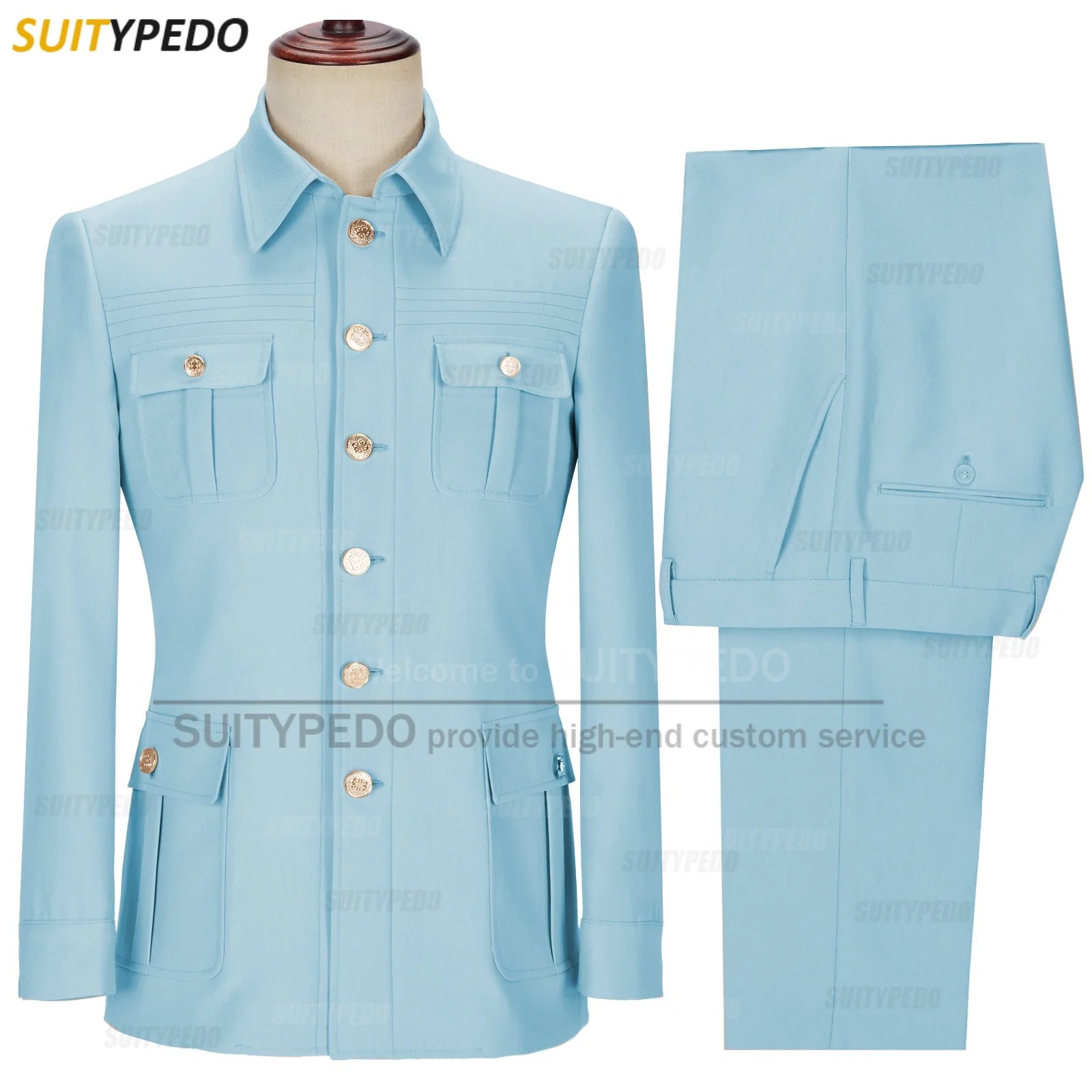 New Arrival  Elegant 2 Piece Slim Fit Men's Suits Fashion Four Pocket Wedding Party Suits（Blazer+Pants) Gold Button Texudos
